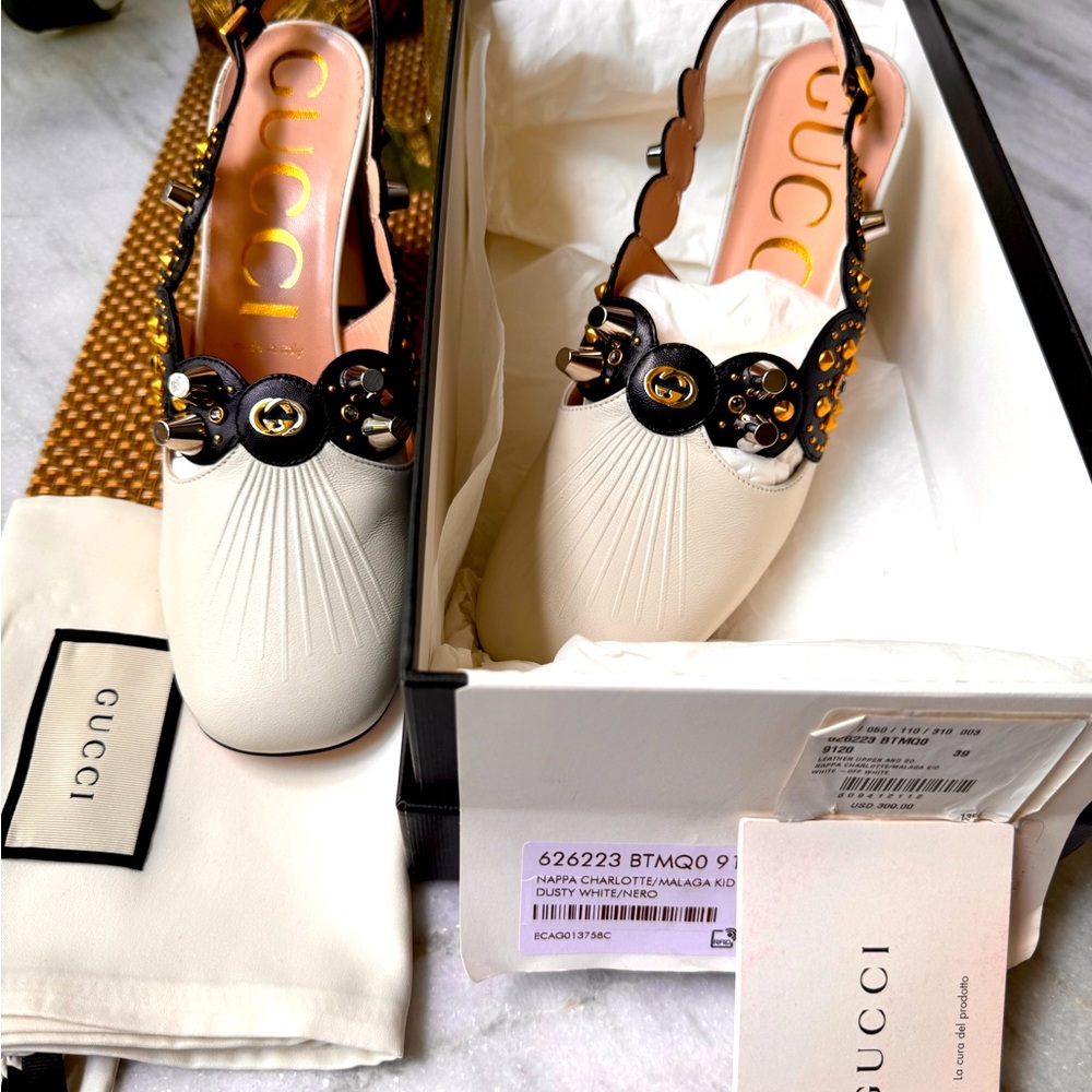 GUCCI Paulina leather dusty white/ black sandals EUR 39 US 9 - Picture 3 of 5